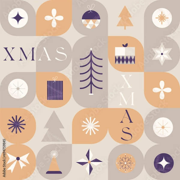 Obraz Retro Christmas Seamless Pattern in a minimalist retro style with Christmas symbols and elements. Seamless geometric background. Vector illustration.