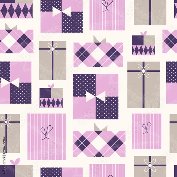 Obraz Retro Geometric Christmas Seamless Pattern with gifts in a minimalist flat style. Happy New Year Seamless background. 