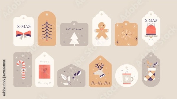 Obraz Set of Christmas and New Year's gift tags illustrations with decorative elements and winter symbols. Retro geometric flat illustrations.