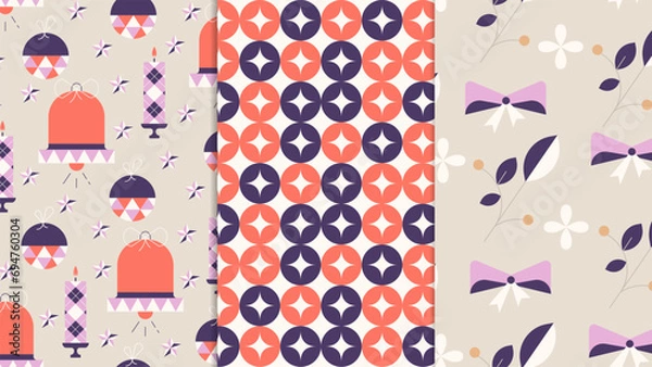 Obraz Retro Christmas Seamless Patterns. Set of seamless patterns or backgrounds in a minimalistic retro flat style with Christmas symbols and elements. 
