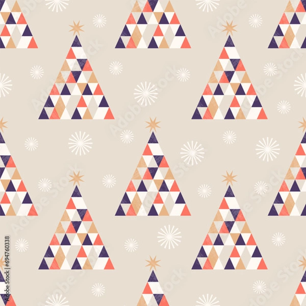 Obraz Retro Geometric Christmas Seamless Pattern in a minimalist flat style with Christmas tree and fireworks. Vintage Happy New Year seamless background.