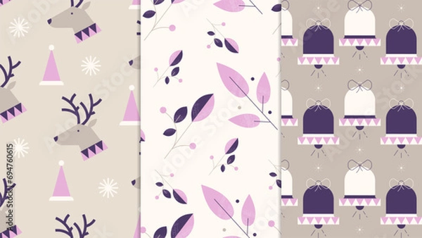 Obraz Retro Christmas Seamless Patterns. Set of seamless patterns or backgrounds in a minimalistic retro flat style with Christmas symbols and elements. 