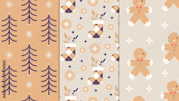 Obraz Retro Christmas Seamless Patterns. Set of seamless patterns or backgrounds in a minimalistic retro flat style with Christmas symbols and elements. 