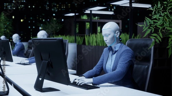 Obraz 3d render of humanoid robots working in modern office, future concept