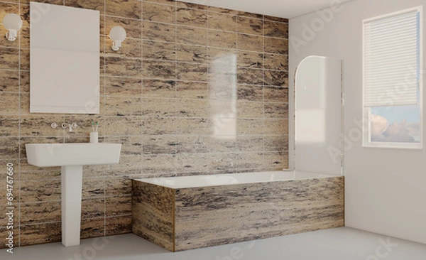 Obraz Spacious bathroom in gray tones with heated floors, freestanding tub. 3D rendering.