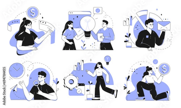 Obraz Set of business concept scenes with characters. Men and women taking part in business meetings and activities, earning money, analyze data, developing business. Vector illustration in flat style.