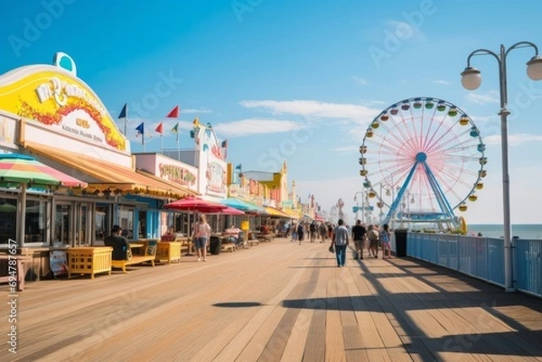 Obraz Seaside boardwalk with ice cream shops, roller coasters, and beachgoers, Generative AI