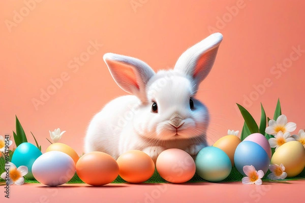 Fototapeta Happy easter greeting card with bunny, colourful eggs and flowers. in velvety peach tones. Trending color concept of the year 2024 Peach Fuzz.