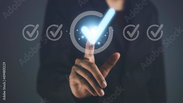 Fototapeta Checklist of quality control management, Compliance and corporate regulatory concept.ISO certification survey performance and assessment  process Check mark approval icon.