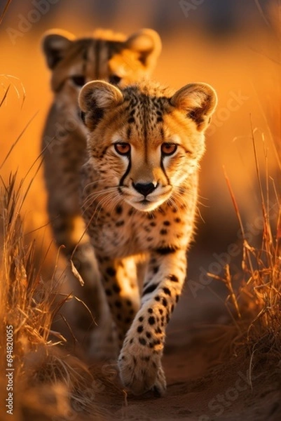 Fototapeta Pair of cheetahs on the hunt in the grasslands, Generative AI