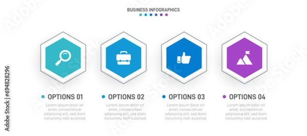 Fototapeta Timeline infographic with infochart. Modern presentation template with 4 spets for business process. Website template on white background for concept modern design. Horizontal layout.