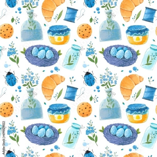 Fototapeta  Seamless Easter pattern with spring flowers and insects in a blue tone. Bright and delicate watercolor print for children's clothing, backgrounds