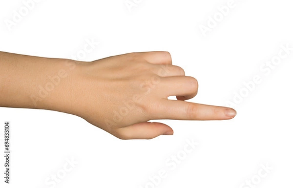 Fototapeta Women's hand with index finger pointing to something. PNG isolated on transparent background