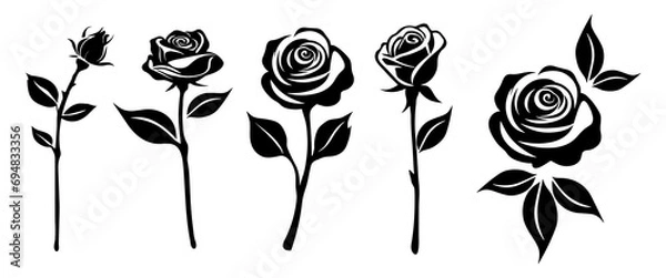 Obraz Black roses flowers silhouette set vector drawing.Floral beautiful wedding element.Stencil