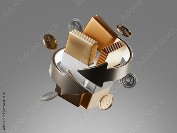 Obraz Cashback and money refund illustration concept. Wallet, dollar bill and coin stack, online payment. 3d illustration. Gold metal texture