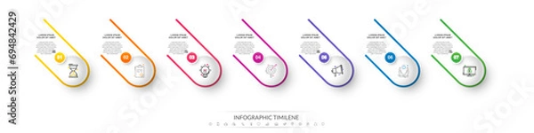 Obraz Seven colorful circles are connected with lines and icons. Vector timeline with 7 circles and steps for business process concept, presentation, report.