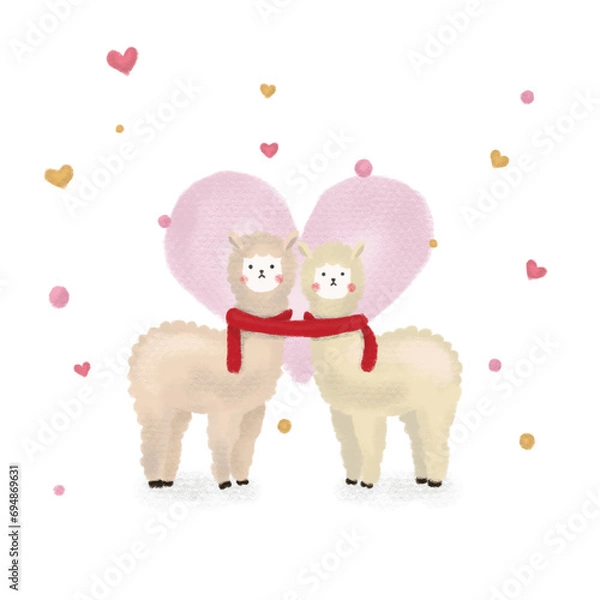 Fototapeta アルパカのカップルの水彩風イラスト