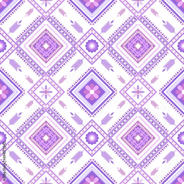 Fototapeta Autumn purple geometric Aztec style. Mosaic on the tile. African Moroccan pattern. Ethnic carpet. Majolica. Asian rug. Tribal vector ornament. Aztec geo pattern. Native design for fabric print. 