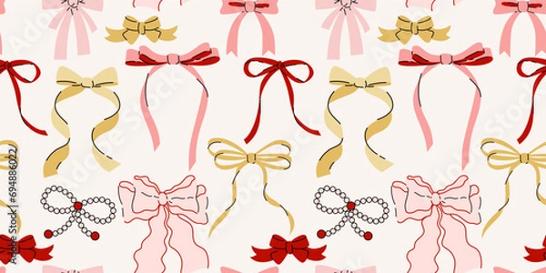 Obraz Seamless pattern with various cartoon bow knots, gift ribbons. Trendy hair braiding accessory. Hand drawn vector illustration. Valentine's day background.