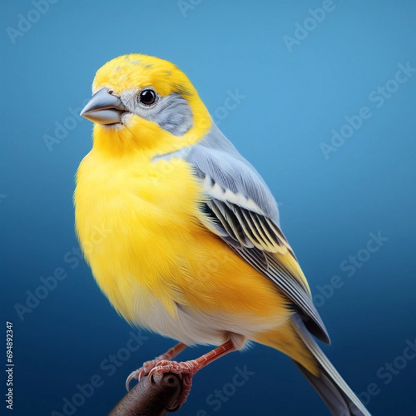 Fototapeta a realistic beautiful yellow and white canary on a blue background created with Generative Ai