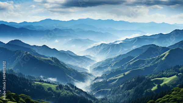 Fototapeta Landscape with blue mountains in a fog in a morning. In the style of light navy and blue, layered lines.