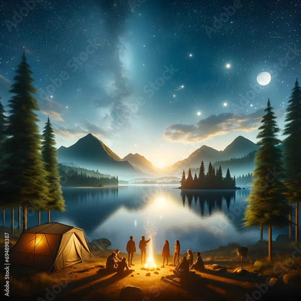 Fototapeta A serene camping scene under a starlit sky by a lake, with mountains in the background and a campfire illuminating a group of people.
