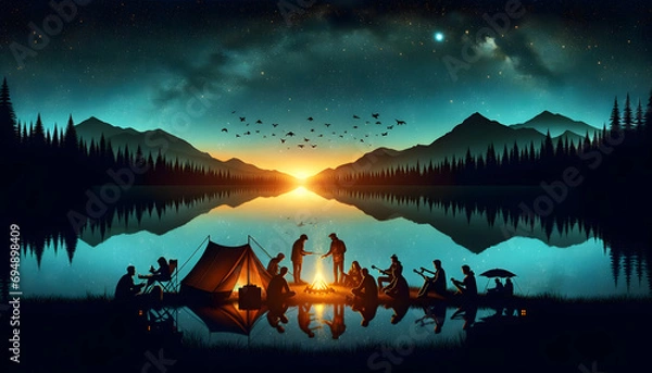 Fototapeta A tranquil 16x9 camping scene under a starry sky beside a lake, with distant mountains and a campfire illuminating diverse individuals in various activities