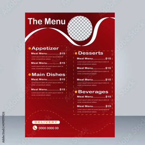 Obraz Fast Food Flyer Design Template cooking, cafe and restaurant menu, food ordering, junk food. Pizza, Burger, French fries and Soda. Vector illustration