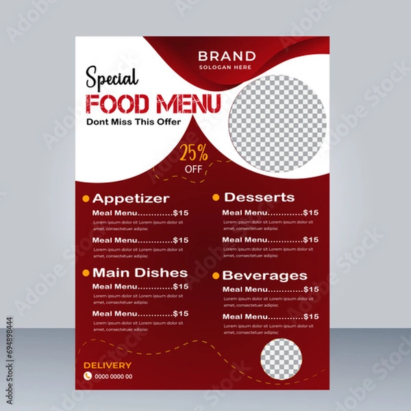 Obraz Fast Food Flyer Design Template cooking, cafe and restaurant menu, food ordering, junk food. Pizza, Burger, French fries and Soda. Vector illustration