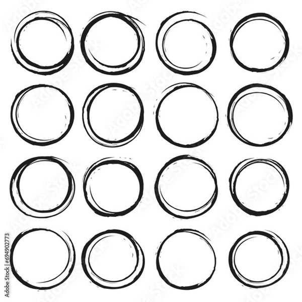 Fototapeta Set of hand drawn oval frames, felt tip or texture brush geometric shape, vector elements isolated.