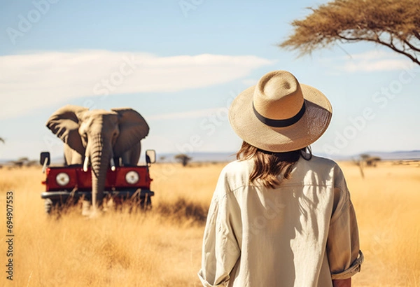 Fototapeta Adventure of a Lifetime: Woman Observing Elephant from Safari Vehicle