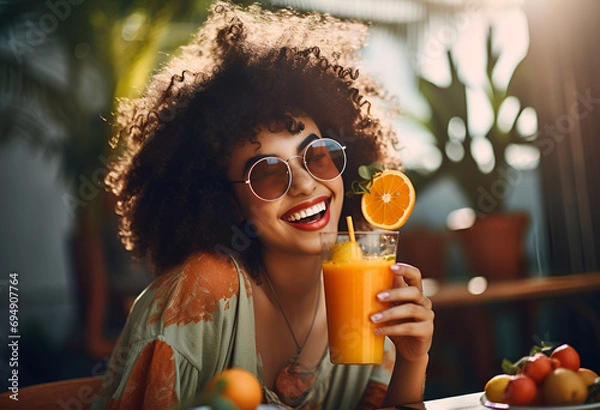 Fototapeta Young black and caucasian woman having good time, drinking fresh juices and having healthy breakfast in the cafe