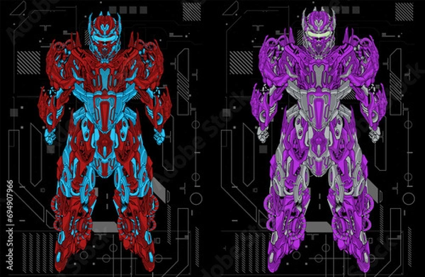 Fototapeta Detailed War Machines: Vector Illustration of Two Robots in Distinct Colors
