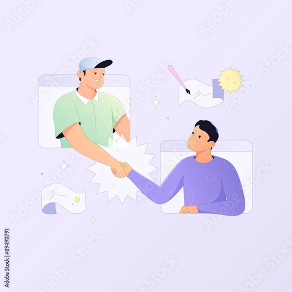 Obraz Businecc concept illustration. Partnership, teamwork and communication. Partners negotiate collaboration and sign the contract online remotely.