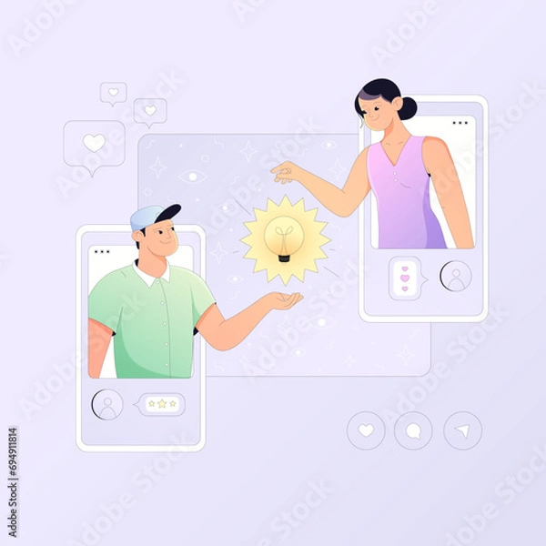 Obraz Creativity and brainstoming concept illustration. People generate ideas for social media marketing. Remote work from a mobile phone or computer. 