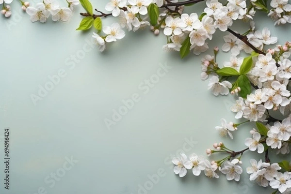 Fototapeta A sprig with white flowers on a pale blue background. With copy space for your text