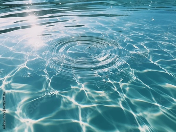 Fototapeta Clear calm blue water surface texture with wave rings and ripples