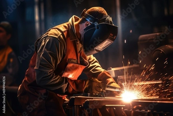 Fototapeta welder is welding metal, Building welder in a safety helmet welding a steel structure at a construction site Ai generated