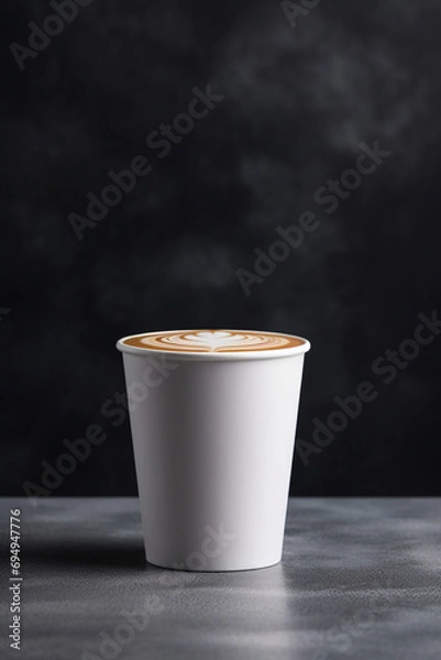 Fototapeta A front view of a white paper cup filled with cortado latte, placed on a clean surface created with Generative Ai
