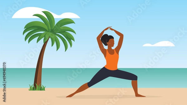 Fototapeta A woman with dark skin doing yoga on a tropical ocean beach with a palm tree.