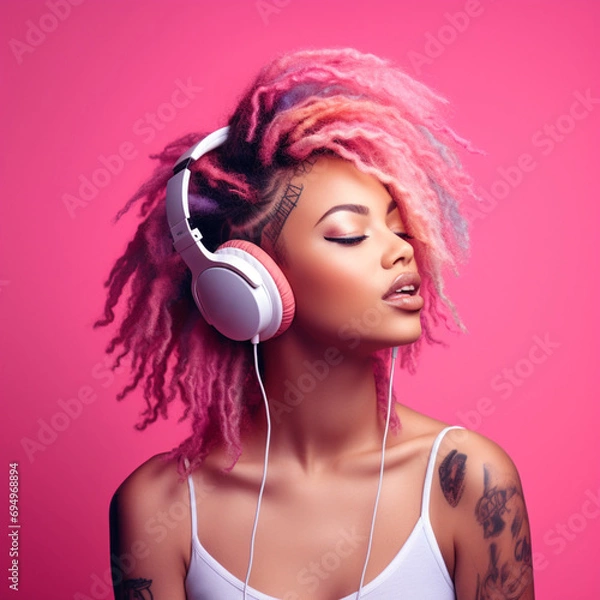 Obraz Woman with dreadlocks listening to music on pink background.