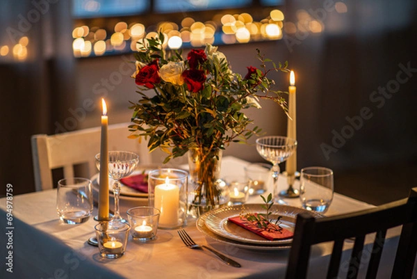 Fototapeta holidays, romantic date and celebration concept - close up of festive table serving for two with flowers in vase and candles burning at home on valentine's day