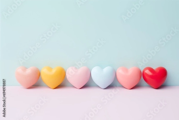 Obraz Simple six colorful pastel hearts, on pastel blue and pink background with space for text. Valentine's day concept, love.