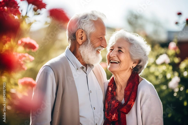 Obraz Amor duradero: Retrato de pareja de ancianos caucásicos disfrutando juntos en un campo de flores