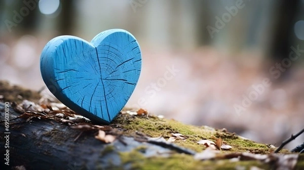 Fototapeta Close up of a sky blue wooden Heart in a calm Forest. Blurred natural Background