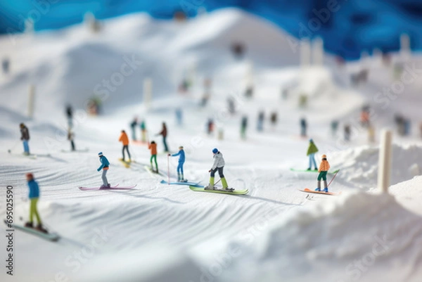 Obraz Winter landscape of a mountain slope with many skiers and snowboarders at ski resort. Winter sports and winter vacation background with macro photo miniature of tiny world.