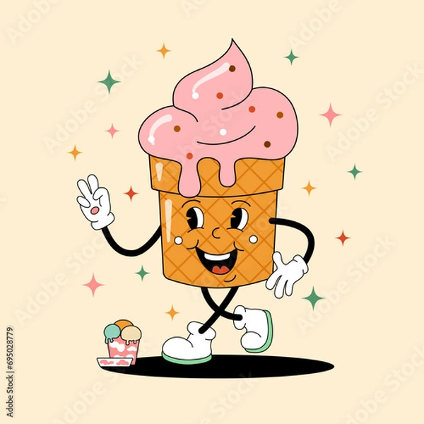 Fototapeta Cartoon ice cream cone with face on decorated background. Vector flat illustration in groovy retro style with cold sweet dessert. Vintage image of cute tasty character with smile for banner or poster