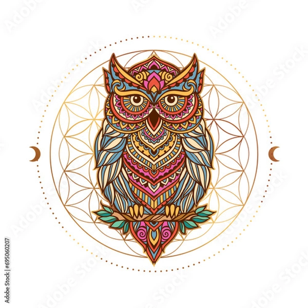 Fototapeta Owl mandala sacred geometry. Animal Vector illustration. Adult or kids coloring book page in Zen boho style. Antistress lizard drawing