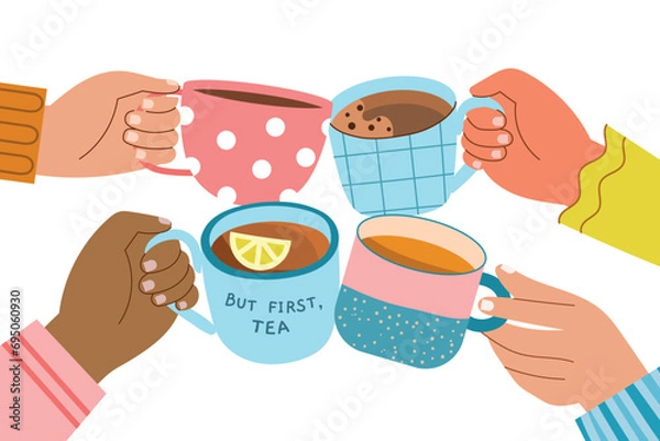 Obraz  Clink tea and coffee cups. Cheers drinks in hands, friendly tea party, hot beverages lovers, people group, human arms, vector illustration.eps