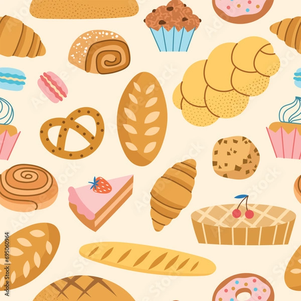 Fototapeta Cartoon bakery products. Seamless pattern, sweet pastry food, sugar desserts and flour muffins, bread and croissant, vector repeat backdrop.eps